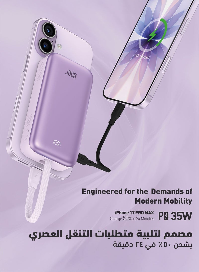 JODA MagTack 10 10000mAh PD 35W Power Bank with Nylon Braided Cable-Purple - Image 4